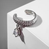 Серьга кафф «Овальная», линия со стразами, с подвеской, цвет белый в серебре