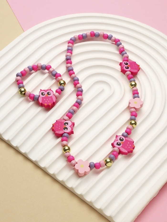 Набор детский «Выбражулька» 2 предмета: бусы, браслет, совы, розовый