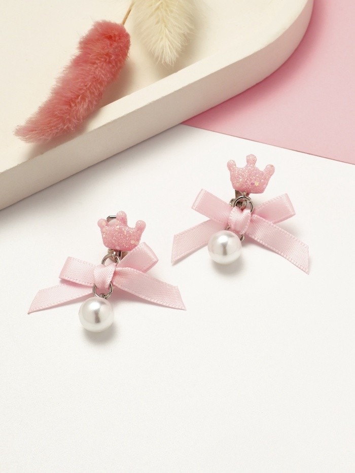 Серьги-клипсы детские «Выбражулька» корона с бантом и жемчужиной, розово-белые