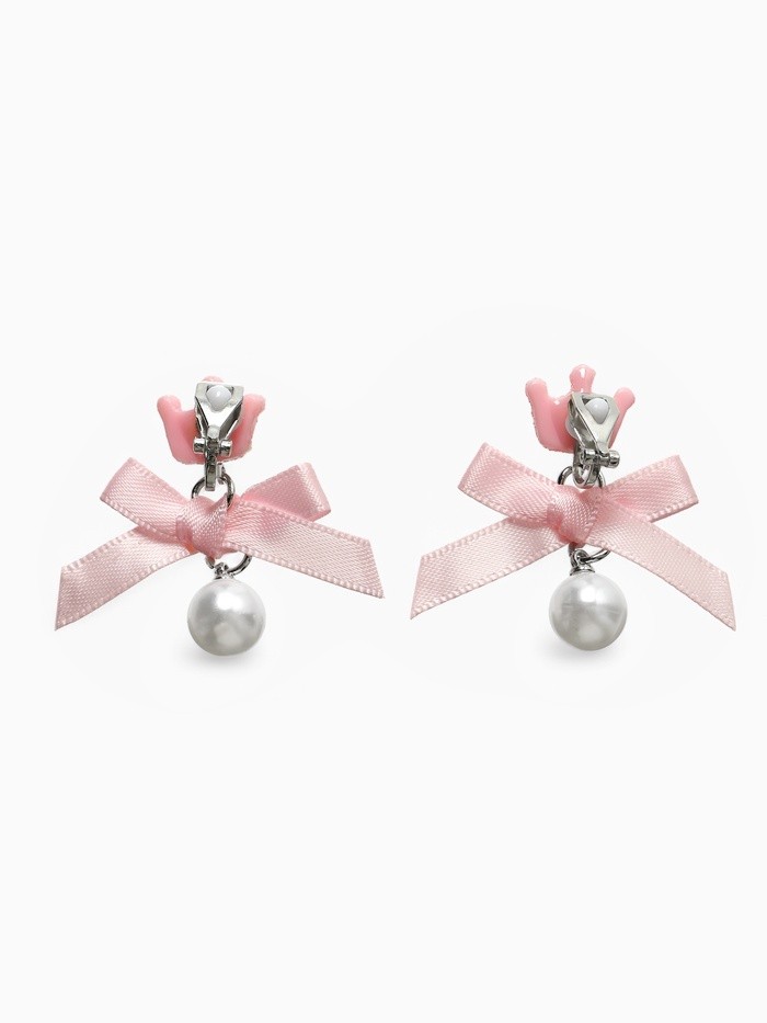 Серьги-клипсы детские «Выбражулька» корона с бантом и жемчужиной, розово-белые