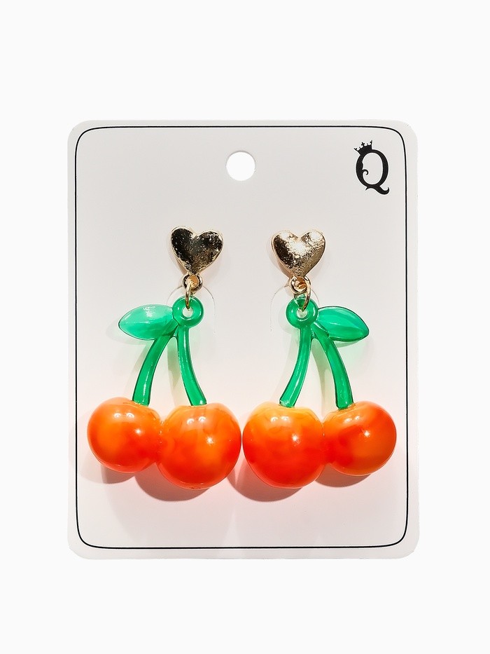 Серьги «Вишня и сердечки», красно-жёлтые в золоте