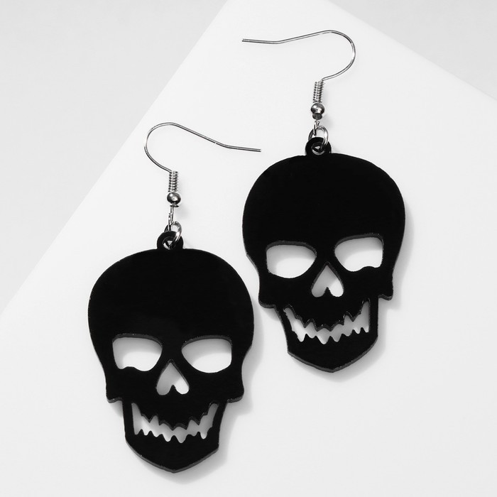 Серьги акриловые «Черепа» большие, цвет чёрный в серебре