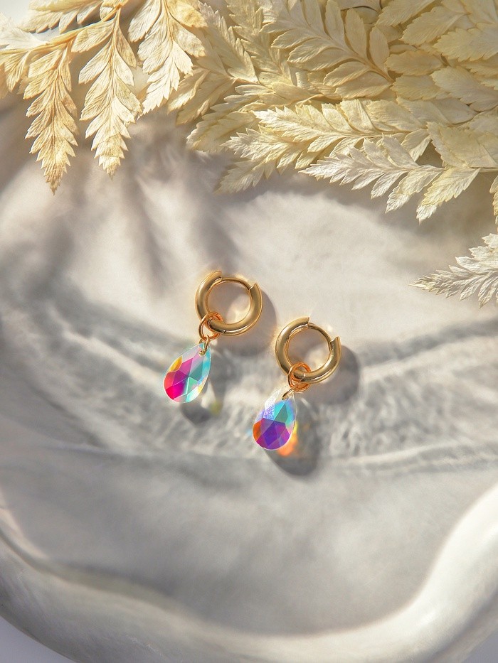 Серьги со съёмным элементом «Трансформер» кристаллик капля, радужные в золоте