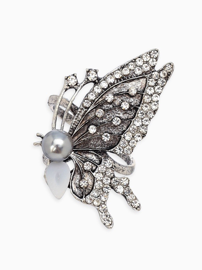 Кольцо для платка «Бабочка профиль», белое в чернёном серебре