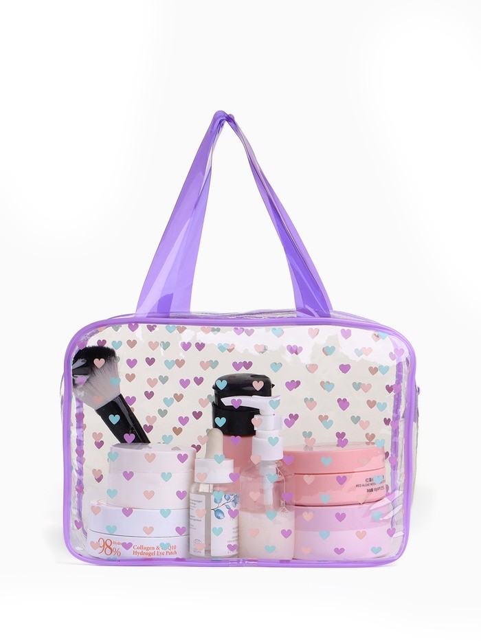 Косметичка-сумка на молнии для бассейна, с ручками, с принтом «Сердечки», сиреневая