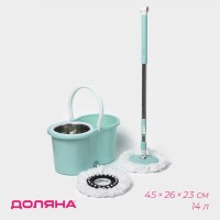 Швабра с отжимом и ведром с металлической центрифугой Доляна, 14 л, запасная насадка из микрофибры, колёсики, МИКС