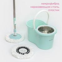 Швабра с отжимом и ведром с металлической центрифугой Доляна, 14 л, запасная насадка из микрофибры, колёсики, МИКС