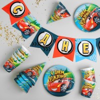 Набор бумажной посуды «С днём рождения», крутые тачки: 6 тарелок, 6 стаканов, 6 колпаков, 1 гирлянда