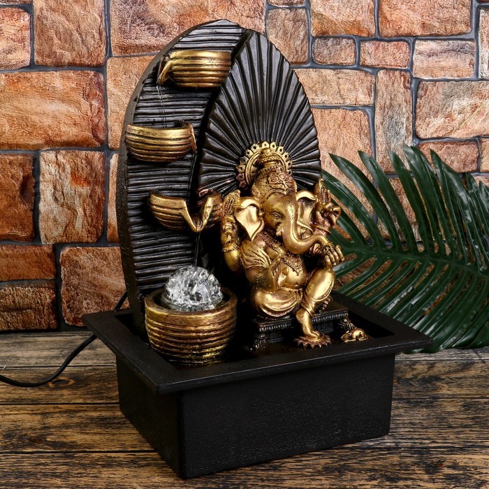 Фонтан настольный от сети, подсветка "Золотой Ганеша у водопада с чашами" 35х25х20 см