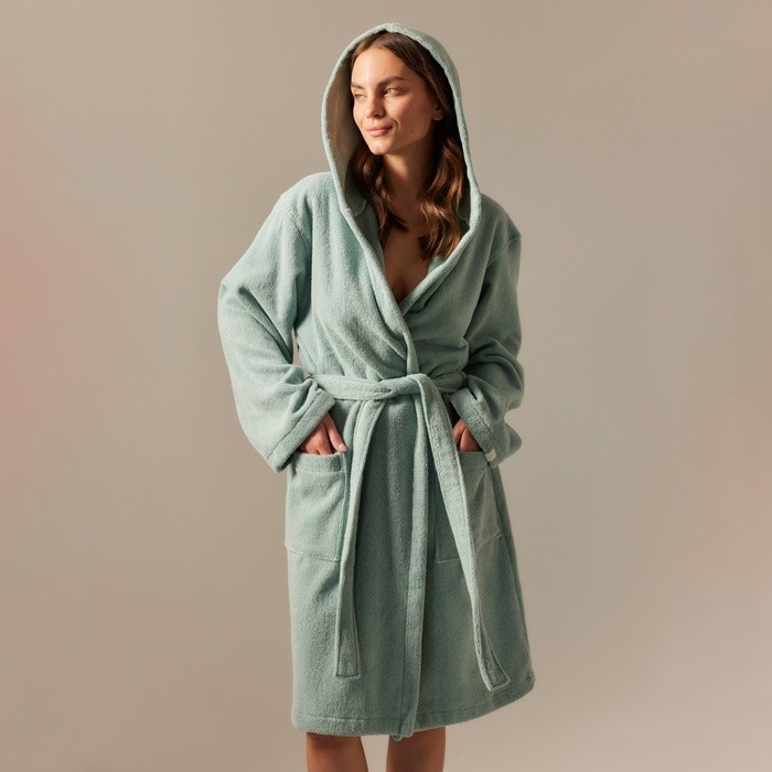 Халат махровый с капюшоном женский SL HOME: Basic «Аззура», размер S, хлопок 100%, бирюзовый