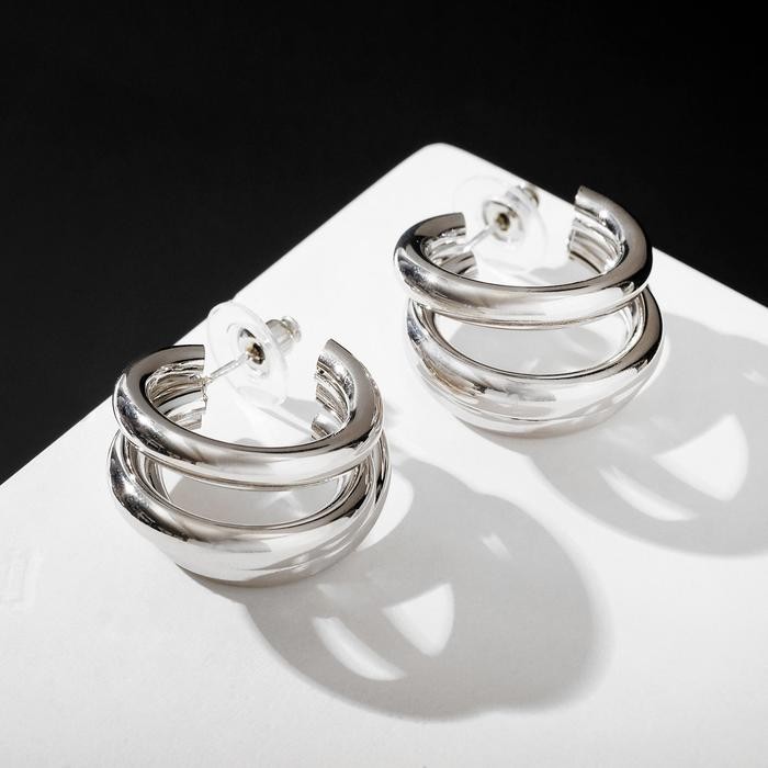 Серьги кольца тройные QF «Тринити», d=2 см, цвет серебро