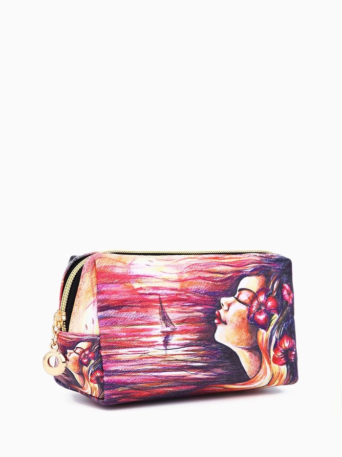 Косметичка на молнии, маленькая, с рисунком «Море и девушка» розовая/разноцветная