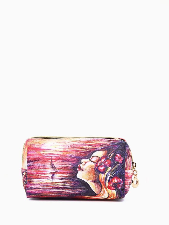 Косметичка на молнии, маленькая, с рисунком «Море и девушка» розовая/разноцветная
