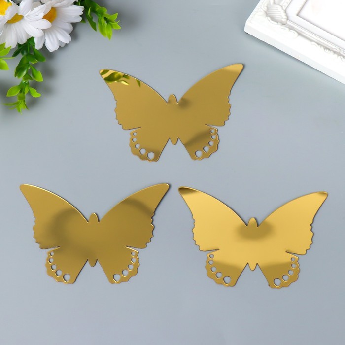 Наклейка интерьерная зеркальная "Бабочка ажурная" набор 3 шт золото 11х7,5 см
