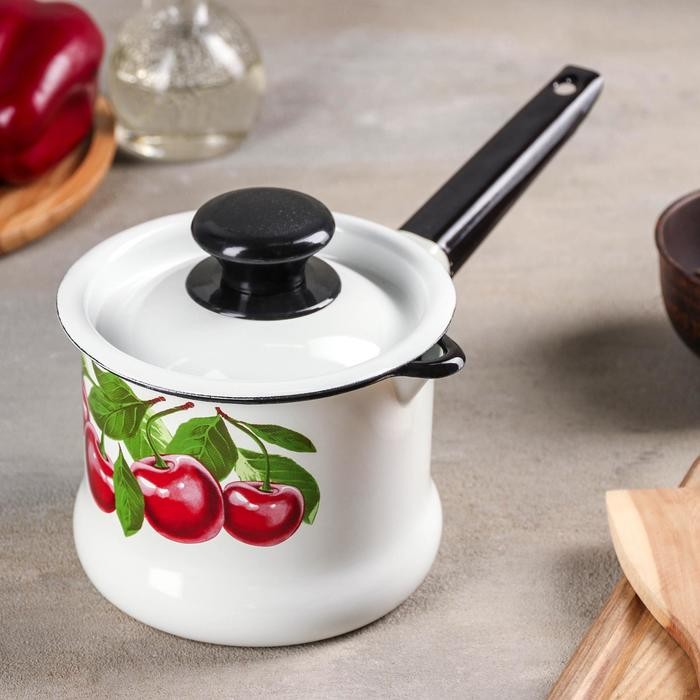 Ковш «Вишневый сад», 1 л, металлическая крышка, металлическая ручка, индукция, цвет белый