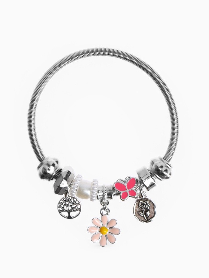Браслет ассорти «Марджери» одинарный, цветочек, цвет розовый в серебре