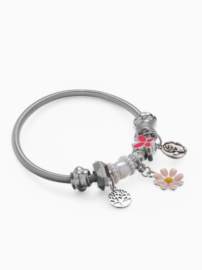 Браслет ассорти «Марджери» одинарный, цветочек, цвет розовый в серебре
