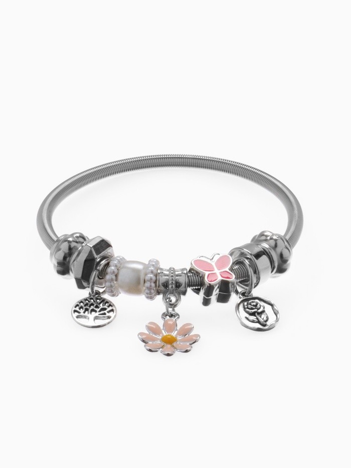 Браслет ассорти «Марджери» одинарный, цветочек, цвет розовый в серебре