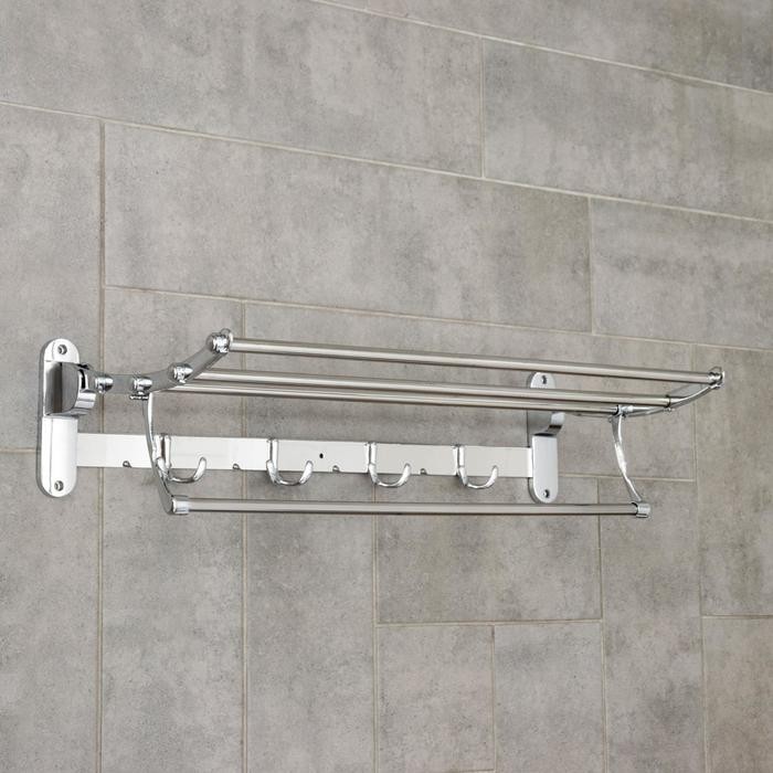 Полка откидная с держателем полотенец, 4 двойных крючка, 59,5×26×14 см, цвет хром
