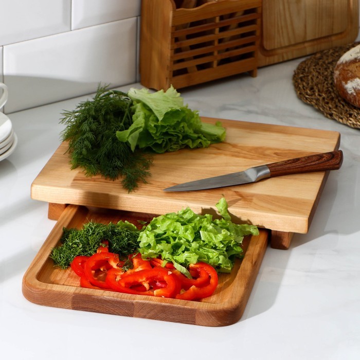 Доска разделочная с выдвижным лотком, пропитано минеральным маслом, 30×24 см, лоток 22×22 см, берёза