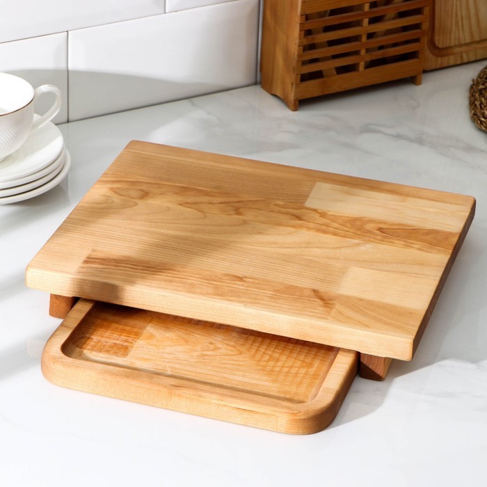 Доска разделочная с выдвижным лотком, пропитано минеральным маслом, 30×24 см, лоток 22×22 см, берёза