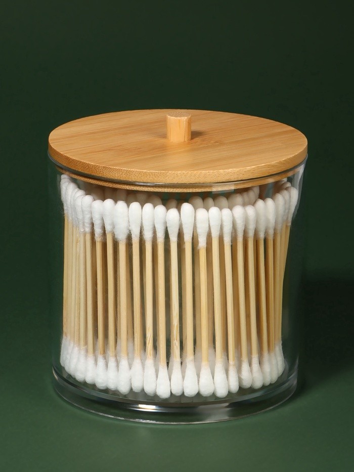 Органайзер для ватных палочек «BAMBOO», с крышкой, d=9.5×9.7 см, прозрачный, коричневый