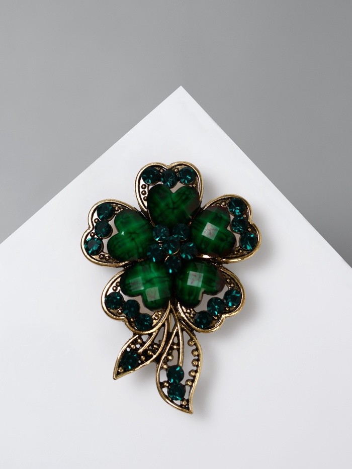 Брошь «Цветок желаний», цвет изумрудный в чернёном золоте