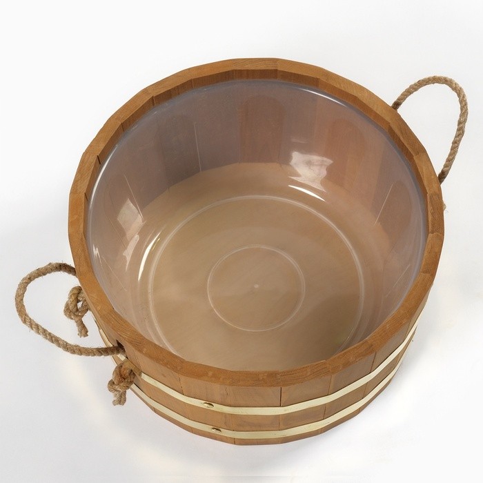 Шайка - таз для бани и сауны, 10 л, деревянная, пластиковая вставка, ручки - верёвки, с термообработкой, «Добропаровъ»