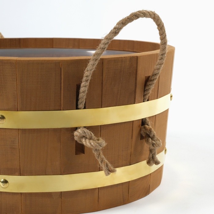 Шайка - таз для бани и сауны, 10 л, деревянная, пластиковая вставка, ручки - верёвки, с термообработкой, «Добропаровъ»