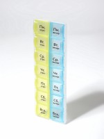 Таблетница - органайзер «Неделька», русские буквы, утро/вечер, 21.5×6.5×2 см, 14 секций, жёлтая, голубая