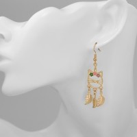 Серьги с эмалью «Кошка» с листьями, цветные в золоте