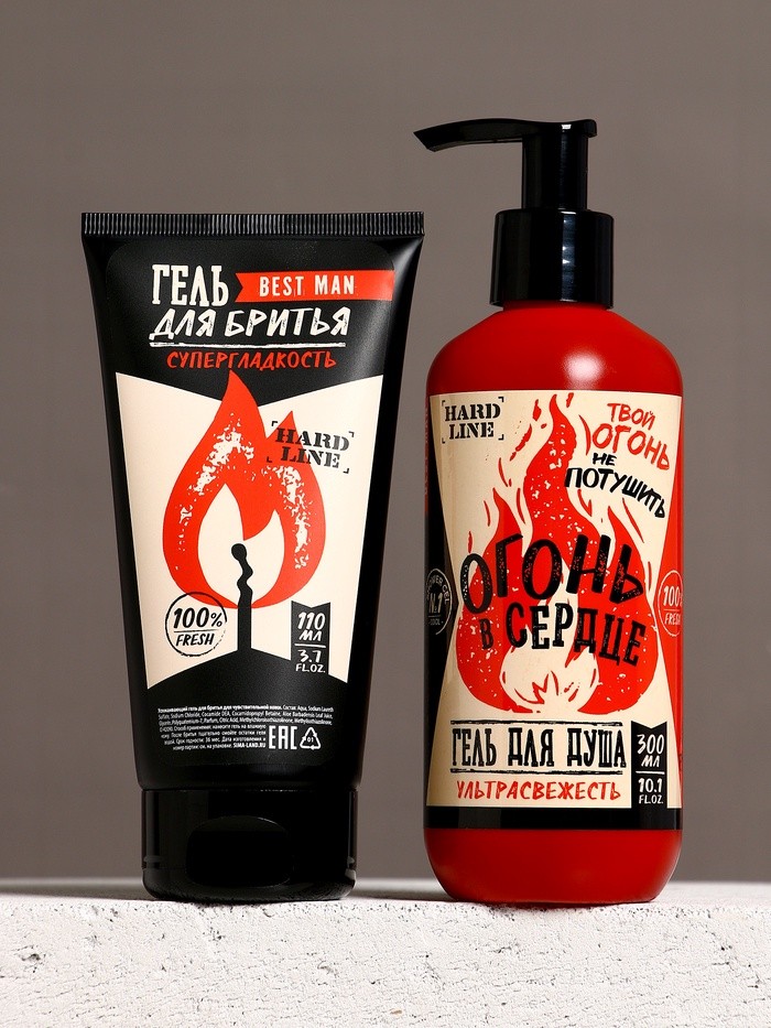Подарочный набор косметики «Тому, у кого огонь в сердце», гель для душа 300 мл и гель для бритья 110 мл, HARD LINE