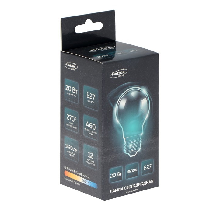 Лампа светодиодная Luazon Lighting, A60, 20 Вт, E27, 1620 Лм, 6500 К, свечение холодное белое