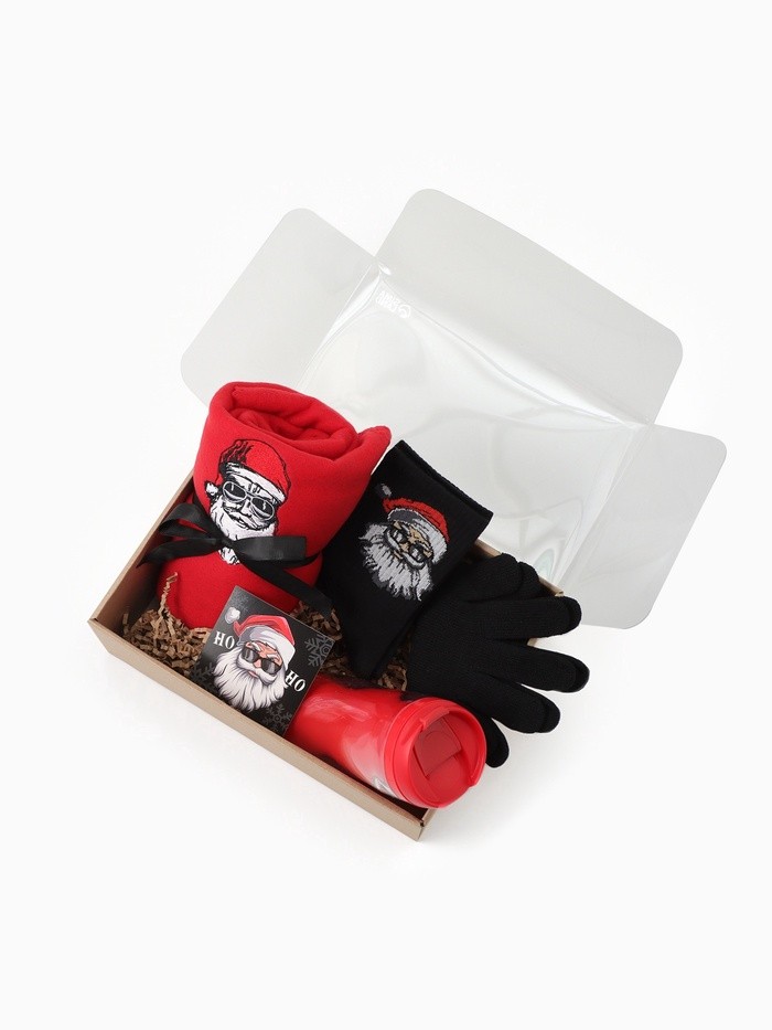 Новогодний подарочный набор «Ho-ho» плед, носки, перчатки, термостакан