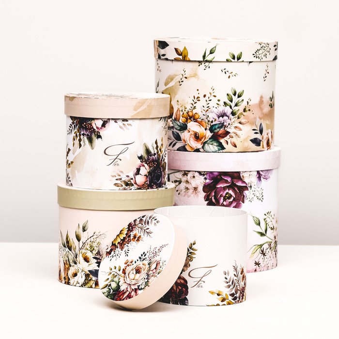 Набор шляпных коробок 5 в 1 «Пёстрые цветы», 22×19.5, 14×13 см