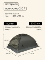 Палатка туристическая 2-местная maclay fisht te 2, 205×150×105 см, трекинговая, однослойная, зелёная
