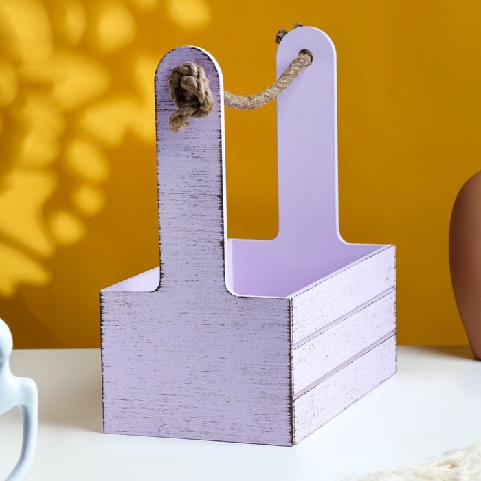 Кашпо деревянное 25.5×15×30 см "Прованс", ручка канат, сиреневый