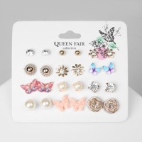 Серьги пусеты QF «Бабочки и цветочки», 12 пар, цветные в золоте