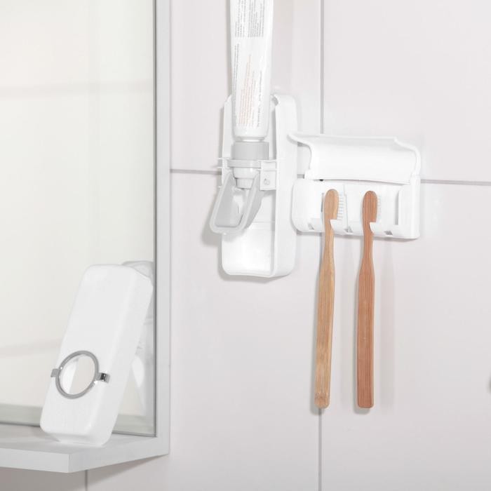 Держатель для зубных щёток и выдавливатель для зубной пасты Доляна, 15.5×6×6 см (для пасты), 11.5×5.5×3.5 см (для щёток), белый