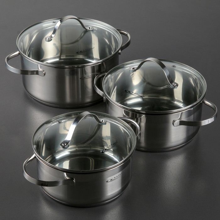 Набор кастрюль «Альта», 3 предмета: 3,2 л, 4,2 л, 5,2 л, капсульное дно, стеклянные крышки