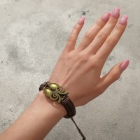 Браслет кожа «Стиль» сова, коричневый в чернёном золоте, d=6 см