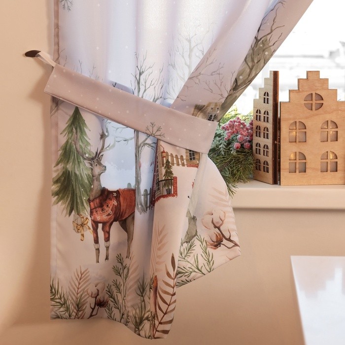 Комплект штор для кухни с подхватами "Звери в городе" 145х180см-2 штуки, 100% п/э