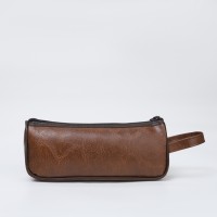 Косметичка-пенал на молнии с карманом, из искусственная кожи, коричневая