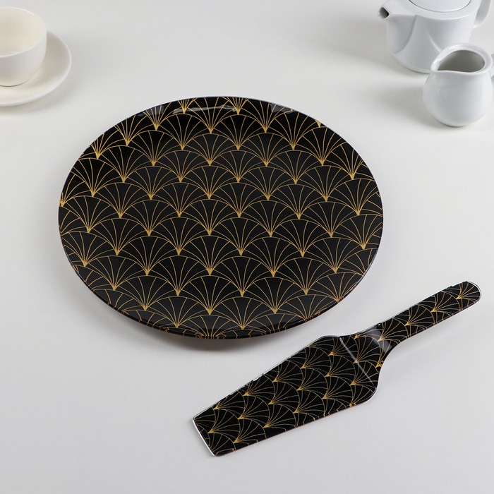 Тортовница с лопаткой Доляна «Золотое перо», d=30 см, лопатка 26,5×7 см, цвет чёрный