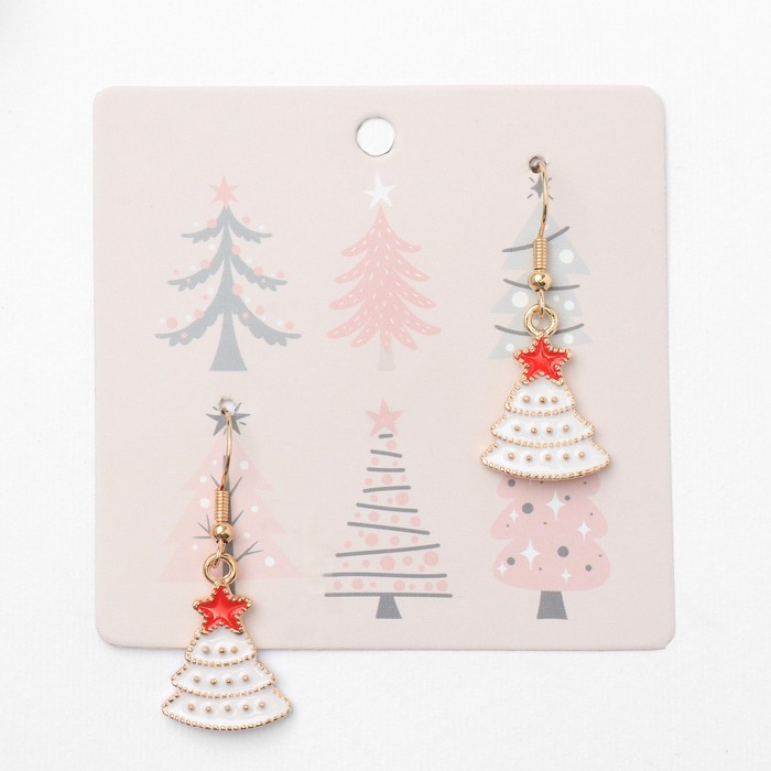 Серьги висячие «Новогодние» ёлочка в снегу, бело-красный в золоте