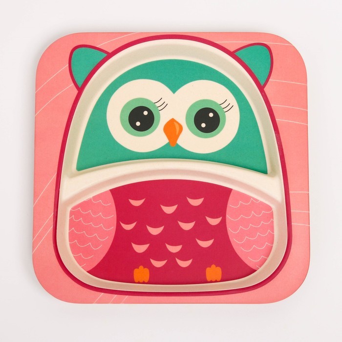 Набор детской бамбуковой посуды «Совушка», тарелка, миска, стакан, приборы, 5 предметов