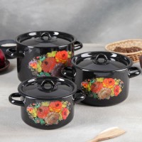 Набор кастрюль «Жостово», 3 предмета: 1,5 л, 2,9 л, 4,5 л, индукция, цвет чёрный